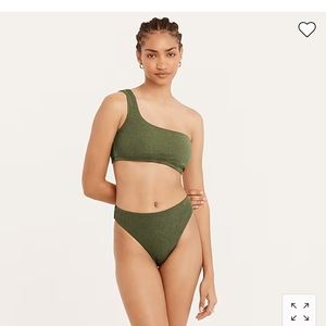 J. Crew textured bikini set: cheeky bottoms, one shoulder top, green surplus XS